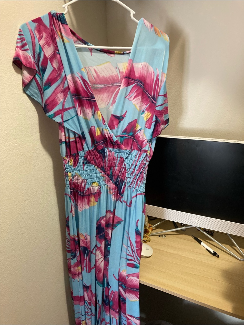 Light Blue Floral Maxi Dress with Pink Print